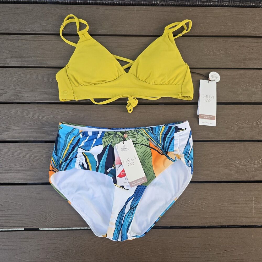 CALIA Women's Acid Atlas Triangle Bikini Top & Botanical Print Bikini Sz XS New